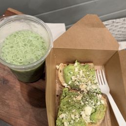 Iced matcha latte and avocado toast to go