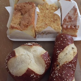 German Bread Bakery - Items-Top Row: Lemon Roll. Middle Row: German Cheese Cake, Apple Crumb Cake, Apple Strudel. Bottom Row: Pretzel Roll, Pretzel Stick. - Bakeries Near Me - Las Vegas, Nevada