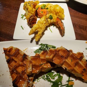 CōV Edina - Lobster and Waffles Brunch side by side: Vodka battered, pearl sugar vanilla waffle, Aleppo honey butter, lobster bisque, pure maple syrup. - Cocktail Bars Near Me - Edina, Minnesota CōV Edina - Lobster and Waffles Brunch side by side: Vodka battered, pearl sugar vanilla waffle, Aleppo honey butter, lobster bisque, pure maple syrup. - Cocktail Bars Near Me - Edina, Minnesota
