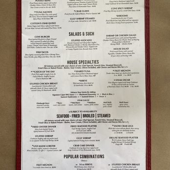 Cotton's Restaurant & Lounge - Dinner Menu - Seafood Near Me - Orange Beach, Alabama