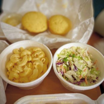 The Rib Co. - Sides with the Triple Threat rib plate - coleslaw and Mac & cheese - both delicious and their corn muffins are lovely! - Barbeque Near Me - Twentynine Palms, California The Rib Co. - Sides with the Triple Threat rib plate - coleslaw and Mac & cheese - both delicious and their corn muffins are lovely! - Barbeque Near Me - Twentynine Palms, California
