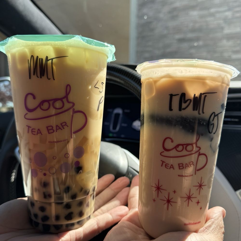 Cool Tea Bar - Large mango milk tea with lychee jelly and boba.  Regular tea bar milk tea with grass jelly. - Bubble Tea Near Me - Roseville, California