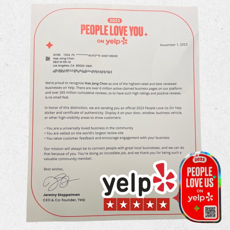 Hae Jang Chon receives "People Love us on Yelp"
