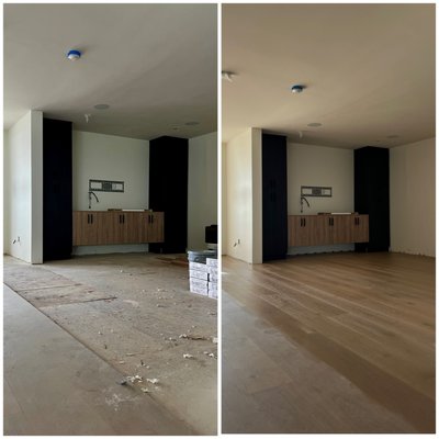 Installing engineered hardwood flooring with adhesive in La Jolla - 2024. - The house underwent a major renovation, and the old wooden floors were removed. We were tasked with finishing the installation of the new flooring within a week so the homeowners could move in as soon as possible. The job was completed in 7 days. Despite the uneven plywood subfloor at the seams, we achieved great results by trimming the edges with an electric planer. The house looks refreshed, the new flooring adds a cozy feel, and the client was pleased with the outcome. Installing engineered hardwood flooring with adhesive in La Jolla - 2024. - The house underwent a major renovation, and the old wooden floors were removed. We were tasked with finishing the installation of the new flooring within a week so the homeowners could move in as soon as possible. The job was completed in 7 days. Despite the uneven plywood subfloor at the seams, we achieved great results by trimming the edges with an electric planer. The house looks refreshed, the new flooring adds a cozy feel, and the client was pleased with the outcome.