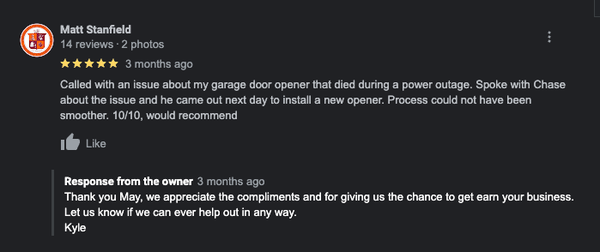 Check Out our Google Reviews - At ProTec - Garage Doors of Mooresville, we are proud to be an established, family-owned, and local company that does business right here in several North Carolina communities. As members of the communities that we serve, we thrive because of our hard-earned reputation for reliable service and good value. You can contact us 24 hours a day and seven days a week for urgent or emergency garage door repairs. Check Out our Google Reviews - At ProTec - Garage Doors of Mooresville, we are proud to be an established, family-owned, and local company that does business right here in several North Carolina communities. As members of the communities that we serve, we thrive because of our hard-earned reputation for reliable service and good value. You can contact us 24 hours a day and seven days a week for urgent or emergency garage door repairs.