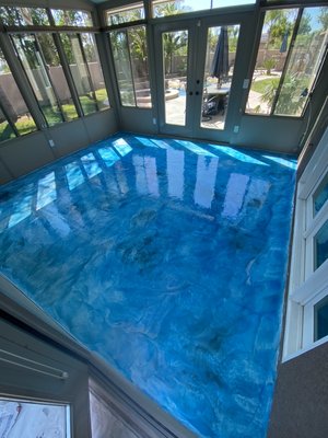 Epoxy flooring - This remodel was a green house addition. They had stained, stamped concrete. We patched all cracks and did a customized metallic look. Epoxy flooring - This remodel was a green house addition. They had stained, stamped concrete. We patched all cracks and did a customized metallic look.