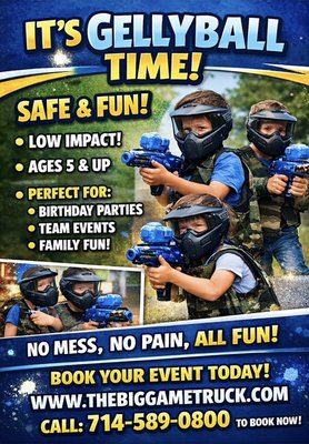GellyBall party (similar to paintball/NERF style game with gel balls- safe - no mess - no pain! - Get ready for the ultimate action-packed party with GellyBall! Perfect for kids, teens, or even adults, our events bring together fast-paced fun, friendly competition, and safe gameplay. Players gear up with gel blasters, safety goggles, and optional vests, then dive into intense battles across our custom obstacle courses.

Whether it’s a birthday bash, team-building event, or just a weekend adventure, our trained Game Coaches guide every round, ensure safety, and keep the energy high. Want to take it to the next level? Add foam cannons, Nerf wars, or VR experiences for a hybrid gaming twist!