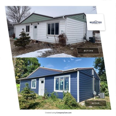 A little bit goes a long way - Updating your home not only increases the value of your home. It also adds value to your neighborhood. This customer's house deserved this transformation. We installed James Hardie Cedar finish in the color Deep Ocean, and boy, does it POP! A little bit goes a long way - Updating your home not only increases the value of your home. It also adds value to your neighborhood. This customer's house deserved this transformation. We installed James Hardie Cedar finish in the color Deep Ocean, and boy, does it POP!