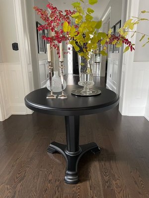 Black Hallway Table - Dimensions: D 36” - H 36”
- Black stain solid wood table
- Satin finish with 10% shine
- Transformed to have a fresh, modern look Black Hallway Table - Dimensions: D 36” - H 36”
- Black stain solid wood table
- Satin finish with 10% shine
- Transformed to have a fresh, modern look