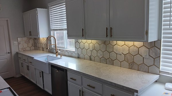 Kitchen Backsplash - Here are a few examples of kitchens where we've installed backsplashes, and it's usually a one-day project. Call to get an estimate Kitchen Backsplash - Here are a few examples of kitchens where we've installed backsplashes, and it's usually a one-day project. Call to get an estimate
