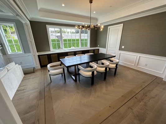 Dining room Restoration - This dining room was completely ruined after water leak from the second floor into the dining room. After getting everything out, we rebuild this room completely..