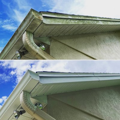 House Washing Before & After - Before and after of gutters and soffits cleaning to remove mold and grime House Washing Before & After - Before and after of gutters and soffits cleaning to remove mold and grime