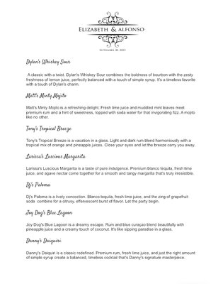Elizabeth and Alfonso’s Wedding - Awesome custom cocktail menu we created for Elizabeth and Alfonso’s special day! 💍 Each cocktail was named after their Sons and Daughter!