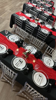 Do It With You Package - The Do It With You Lackage includes:
6 FOOT TABLES
CLEAR CHIVARI CHAIRS
BLACK OR WHITE TABLE CLOTHS
BLACK OR WHITE CLOTH NAPKINS
CHARGER PLATES (BEADED GOLD OR SILVER)
SILVERWARE (GOLD OR SILVER)
CENTERPIECES
YOUR CHOICE OF COLOR TABLE RUNNERS Do It With You Package - The Do It With You Lackage includes:
6 FOOT TABLES
CLEAR CHIVARI CHAIRS
BLACK OR WHITE TABLE CLOTHS
BLACK OR WHITE CLOTH NAPKINS
CHARGER PLATES (BEADED GOLD OR SILVER)
SILVERWARE (GOLD OR SILVER)
CENTERPIECES
YOUR CHOICE OF COLOR TABLE RUNNERS