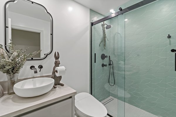 Guest Bathroom With A Twist - Bathroom Renovation as part of a full home project Redwood City, CA. 
Design & construction by Century Bay Builders. For more visit https://centurybaybuildersca.com