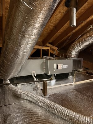 slim Line Heat Pump variable speed Inverter System - Replaced the original gas/electric HVAC system with a new high-efficiency, variable-speed slimline inverter heat pump system to complement the customer’s existing solar panels. Installed a new attic equipment platform with a Mylar-based protective surface, along with surge protection and an air purification system to enhance equipment protection and indoor air quality. The project also included an excellent warranty and maintenance plan, providing the customer with two full years of no out-of-pocket expenses under the agreed service plan.