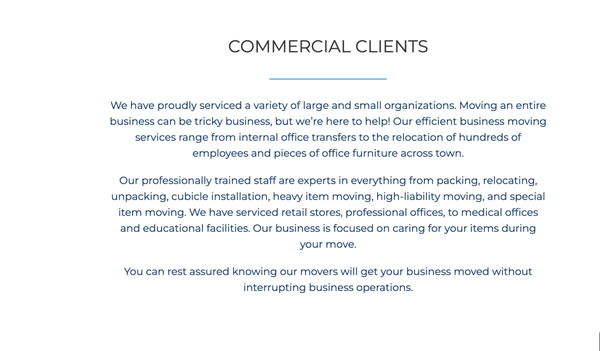 Our Commercial Clients - Move Logistics has multiple commercial moving solutions for your business. With over 30 years experience in commercial moving we know the importance of  organization, constant communication, and efficiency while moving small and large businesses. We send our senior move estimators to discuss your commercial project. In your free move consultation, our move estimator will discuss packing, inventory, overall organization, timeline, and give you advice on how to best complete the project within your budget.