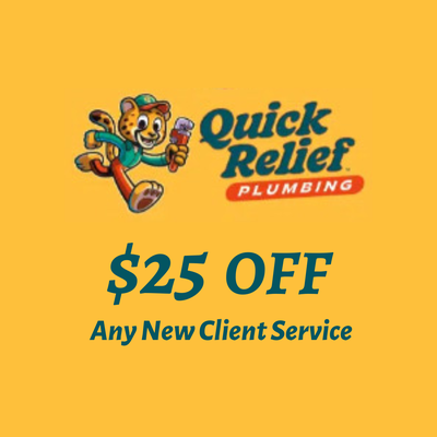 Get $25 OFF on any new service - At Quick relief Plumbing we are always happy to serve any new customer. So enjoy a
 $25 off just for being a new customer! We are available in Overland Park, Leawood, Lenexa, Shawnee, Kansas City, Prairie Village KS. Ask about: Water Heater Installation, Plumbers, Plumbing Supply