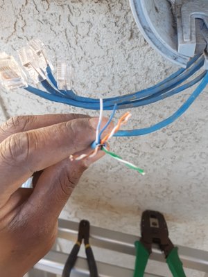 Cat6 installation - This project was a complete exterior wrap of home. There was no access in attic space to wall fish. Cable are completely concealed at exterior trim of home.