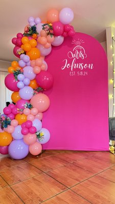 Bridal Shower photo arch w/ balloons & welcome sign - Here we did a simple 7ft balloon arch with flowers as an accent, next to a personalized photo arch. We also used the same flowers in an extra large, customized, 4x3ft welcome sign! Bridal Shower photo arch w/ balloons & welcome sign - Here we did a simple 7ft balloon arch with flowers as an accent, next to a personalized photo arch. We also used the same flowers in an extra large, customized, 4x3ft welcome sign!