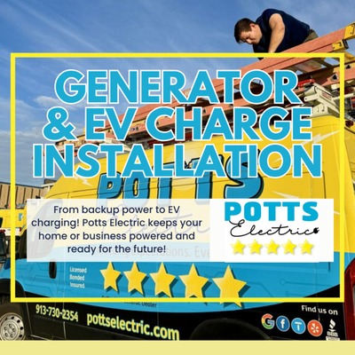 Generator Installation & EV Charging – Powering the Future, Today - Generator Installation & EV Charging – Powering the Future, Today
From storm blackouts to the rise of electric vehicles, modern living demands reliable backup power and smart technology. Potts Electric is at the forefront of generator installation, EV charging station setup, and smart electrical solutions for homes and businesses in Fenton, Ballwin, and across the St. Louis region. Our team consults with you on ideal placement, sizing, and brand selection—offering backup generator options that keep your essential systems running smoothly when the grid goes down.

We also help you drive into the future by installing safe, efficient EV charging stations in garages, driveways, and commercial lots. No job is too complex: from single-home units to multi-family and business charging solutions, our licensed installers ensure seamless performance and long-term value. Our expertise covers not only standard equipment, but also electrical upgrades and safety improvements to guarantee your new tech runs without a hitch.

Potts Electric backs every installation with clear guidance, hands-on training, maintenance support, and top-rated customer service—just one reason we’re trusted across Missouri and Kansas. If you want to protect your family, power your operations, or enjoy the benefits of green transportation, choose the electrical contractor known for exceeding expectations every time.