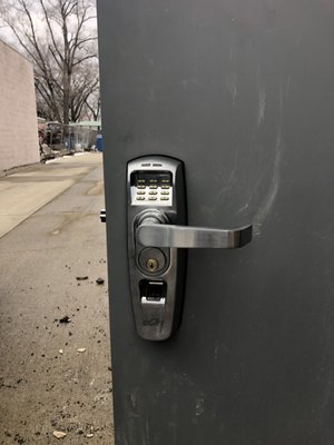 Biometric Lock - This was done on a new business for monitoring employee access; Can also be used in residential applications for contractors or maids, or temporary service people needing limited access to home or office. Comes equipped with thumb print scanner, digital access, and master key bypass.
