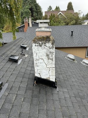Chimney Rebuild - A new homeowner wanted to make sure his house was protected up top and wanted his chimney rebuilt. This chimney was in bad shape and had been leaking for years. Needed to be rebuilt from the roofline.