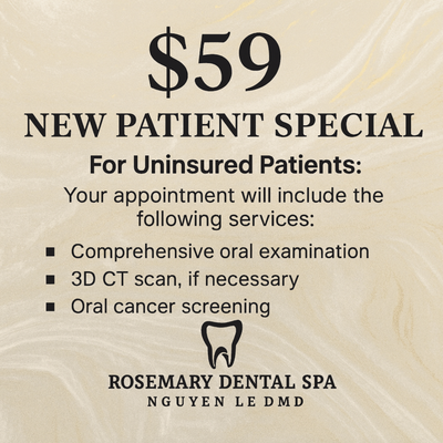 Mention Yelp for a $59 New Patient Special - Welcome to Rosemary Dental Spa — your trusted provider for general, cosmetic, and implant dentistry in Albuquerque, NM. Our team is dedicated to delivering personalized care that exceeds expectations, with flexible scheduling designed to fit your busy lifestyle. Mention Yelp for a $59 New Patient Special - Welcome to Rosemary Dental Spa — your trusted provider for general, cosmetic, and implant dentistry in Albuquerque, NM. Our team is dedicated to delivering personalized care that exceeds expectations, with flexible scheduling designed to fit your busy lifestyle.