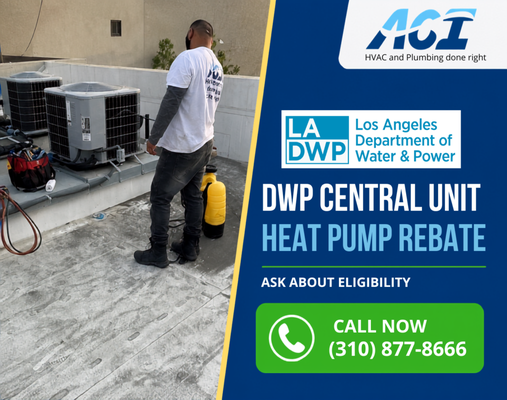 LADWP Heat Pump Rebates Available Now! - Replacing your central HVAC system? A qualifying heat pump can provide efficient electric heating and cooling, and eligible LADWP customers may qualify for available rebates. We’ll assess your current system and recommend the right equipment for your property. Message us on Yelp for an estimate and eligibility details. Approval, funding, and program terms are determined by LADWP.