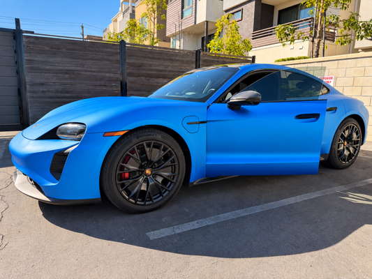PORSCHE TAYCAN GTS - SATIN BLUE VINYL WRAP - 2022 Porsche Taycan 
Satin Blue Aluminum vinyl wrap

• Full body vinyl wrap
• Full body ceramic coating
• Partial PPF removal + surface preparation
• Carbon fiber mirror caps
• Carbon fiber spoiler

Clean installs • Elite results