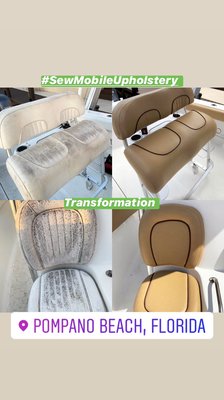Full boat transformation - This boat was in dire need of new upholstery. The old white vinyl was changed to a gorgeous two tone, marine grade vinyl. We use all stainless steel staples, UV resistant thread, plastic zippers. The owners fell in love and have since inquired about getting their golf cart upholstered to match their boat!