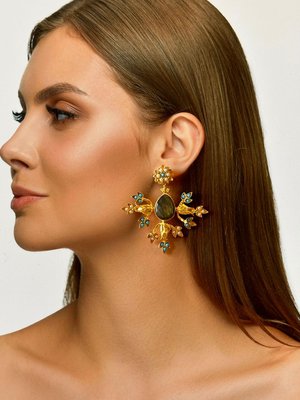 Aquadan Earrings - **Statement Labradorite & Gold-Plated Sunburst Earrings**

Make a bold statement with our handcrafted Sunburst Earrings, designed for those who love to stand out. Featuring a stunning labradorite gemstone at the center, these earrings radiate elegance with their intricate gold-plated design. Surrounding the central stone, delicate pearl accents and turquoise details create a burst of color and luxury, making these earrings the perfect addition to your collection.

Whether you're dressing up for a special occasion or elevating your everyday look, these earrings offer a unique blend of sophistication and bohemian charm. Lightweight yet striking, they are designed to turn heads and add a touch of artistry to any outfit.

**Key Features:**
- Central labradorite gemstone for a captivating focal point
- Gold-plated sunburst design with intricate details
- Adorned with pearls and turquoise accents
- Perfect for special occasions or everyday glamour
- Handmade for a unique, artisanal touch

Add these stunning earrings to your collection and experience the perfect mix of elegance and artistry.