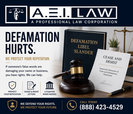 Cease & Desist Letter - Defamation - Defamation, which is also referred to as libel (written defamation) or slander (spoken defamation), is a false and unprivileged publication that exposes a person to hatred, contempt, ridicule, or obloquy by writing, printing, picture, effigy, or other fixed representation to the eye. It can also cause a person to be shunned or avoided or have a tendency to hurt their occupation.
Has someone defamed you or your business, causing harm to your reputation or relationships, resulting in adverse effects on you or your business, and causing you damages? If the answer is yes, their behavior may be actionable as defamation, libel, or slander, and you may be able to sue them for restitution. You should send them a cease and desist letter in which you inform them that if they do not remove or retract those false and defamatory statements, you will proceed with litigation to ask a court to compel them to delete and retract.
Contact A.E.I. Law, P.C. today to discuss your rights (888)-423-4529. Cease & Desist Letter - Defamation - Defamation, which is also referred to as libel (written defamation) or slander (spoken defamation), is a false and unprivileged publication that exposes a person to hatred, contempt, ridicule, or obloquy by writing, printing, picture, effigy, or other fixed representation to the eye. It can also cause a person to be shunned or avoided or have a tendency to hurt their occupation.
Has someone defamed you or your business, causing harm to your reputation or relationships, resulting in adverse effects on you or your business, and causing you damages? If the answer is yes, their behavior may be actionable as defamation, libel, or slander, and you may be able to sue them for restitution. You should send them a cease and desist letter in which you inform them that if they do not remove or retract those false and defamatory statements, you will proceed with litigation to ask a court to compel them to delete and retract.
Contact A.E.I. Law, P.C. today to discuss your rights (888)-423-4529.