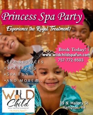 Princess Spa Party - Package Details
– Mani and Pedi (2 color max polish choice)
– Fun Hair (Ponytail, Simple Braid or Bun w/ hair glitter, hair color, or clip-ins)
– Fun Face (Shimmer Make-up Application)
– Complimentary Spa Robe Usage
– 1 Spa Treat Box per Child
– 1 Party Favor Princess Tiara per Child
– Spa Pool Ball Pit Fun
– 1 drink per Child
– Party Room
– 1 Keepsake Group Party Photo
– Keepsake Shirt for Birthday Child
– Dress Up in your Favorite Princess Dress for a Princess Fashion Show Princess Spa Party - Package Details
– Mani and Pedi (2 color max polish choice)
– Fun Hair (Ponytail, Simple Braid or Bun w/ hair glitter, hair color, or clip-ins)
– Fun Face (Shimmer Make-up Application)
– Complimentary Spa Robe Usage
– 1 Spa Treat Box per Child
– 1 Party Favor Princess Tiara per Child
– Spa Pool Ball Pit Fun
– 1 drink per Child
– Party Room
– 1 Keepsake Group Party Photo
– Keepsake Shirt for Birthday Child
– Dress Up in your Favorite Princess Dress for a Princess Fashion Show
