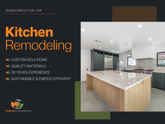 Kitchen Remodeling - Our kitchen remodeling service focuses on building spaces that are both beautiful and highly functional. We start by understanding how you cook, host and move through the kitchen, then design a layout that improves storage, workflow and comfort. From custom cabinetry and high quality countertops to lighting, flooring and appliances, every element is planned with care. Orange Innovation manages design, permits and construction so you work with one experienced team from start to finish. The result is a modern, efficient kitchen that fits your daily routine and adds long term value to your home. Kitchen Remodeling - Our kitchen remodeling service focuses on building spaces that are both beautiful and highly functional. We start by understanding how you cook, host and move through the kitchen, then design a layout that improves storage, workflow and comfort. From custom cabinetry and high quality countertops to lighting, flooring and appliances, every element is planned with care. Orange Innovation manages design, permits and construction so you work with one experienced team from start to finish. The result is a modern, efficient kitchen that fits your daily routine and adds long term value to your home.