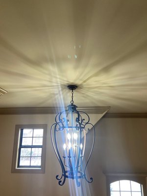 Chandelier repair in Kimberly, AL - Our client had a chandelier fall due to an incorrect installation. A non approved box was installed and could not hold the weight of the light. Our tech installed a UL brace box designed for a chandelier. Chandelier repair in Kimberly, AL - Our client had a chandelier fall due to an incorrect installation. A non approved box was installed and could not hold the weight of the light. Our tech installed a UL brace box designed for a chandelier.
