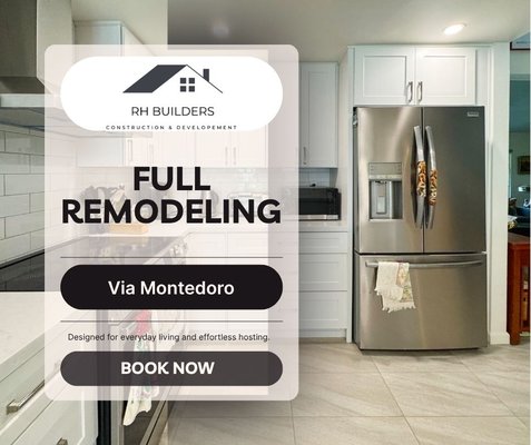 Complete  Remodel - For this residential property on Via Montedoro, we executed a complete top-to-bottom luxury kitchen remodel, transforming the heart of the home into a bright, modern, and highly functional culinary space. Our general contracting team focused on maximizing flow and storage using high-end materials.

Our Premium Kitchen Remodeling Services Included:

Luxury Kitchen Cabinets: Installed premium white shaker-style custom cabinetry alongside a matching built-in wood display and storage credenza.

High-End Quartz Countertops: Designed and fabricated elegant white quartz surfaces, including a massive central kitchen island with under-mount drawer storage and seating.

Premium Appliance Integration: Configured the layout for professional-grade stainless steel appliances, a modern range, an under-mount farmhouse sink, and a sleek matching faucet.

Open-Concept Layout: Finished the space with a classic white subway tile backsplash, clean stone-look floor tiling, and a seamless transition into the surrounding living zones.

From detailed custom carpentry and structural framing to premium tile installation and complete kitchen design, we deliver top-tier general contractor expertise. Contact us today to request a quote and bring your dream home renovation to life!