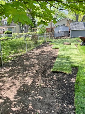 Sod installation - This sod installation was completed on a garden bed that was no longer in use and took up a good portion of the backyard. The home owners opted to have it filled in with sod to give them a cleaner and more spacious yard. This also saved them time with having to maintain the garden from weeds. Sod installation - This sod installation was completed on a garden bed that was no longer in use and took up a good portion of the backyard. The home owners opted to have it filled in with sod to give them a cleaner and more spacious yard. This also saved them time with having to maintain the garden from weeds.