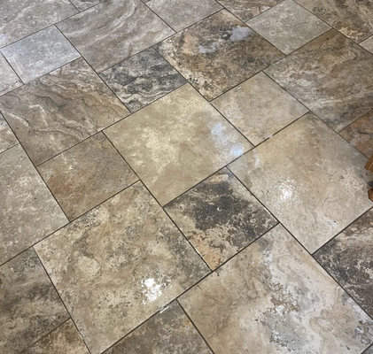 Tile & Grout Cleaning - 1. Prepping
First, we pre-spray a strong cleaner on the tile and grout to loosen dirt before agitating.

2. Cleaning
After prepping, we clean with a floor solution and CRB machine to enhance effects, scrubbing to remove dirt.

3. Finishing
Once we complete cleaning, our floor care specialist will polish your floor, leaving it stunning and glossy!