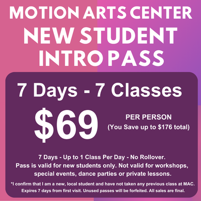 7 Day Unlimited Intro Offer for New Students! - Explore a dance or fitness class at Motion Arts Center with our New Student Intro Offer! Valid for any group class, it’s perfect for all levels. Join us in Downtown San Mateo and discover your love for dance today!😁💃🕺 7 Day Unlimited Intro Offer for New Students! - Explore a dance or fitness class at Motion Arts Center with our New Student Intro Offer! Valid for any group class, it’s perfect for all levels. Join us in Downtown San Mateo and discover your love for dance today!😁💃🕺