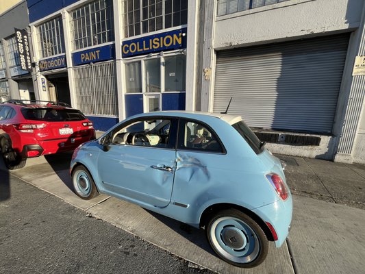 Hit and Run Damage - Worked on this Sky Blue 2015 Fiat 500 with no uninsured motor insurance coverage. We were able to help this customer saved money on repairing the damaged panels, replaced brand new door handle and get her car back in good condition. Hit and Run Damage - Worked on this Sky Blue 2015 Fiat 500 with no uninsured motor insurance coverage. We were able to help this customer saved money on repairing the damaged panels, replaced brand new door handle and get her car back in good condition.