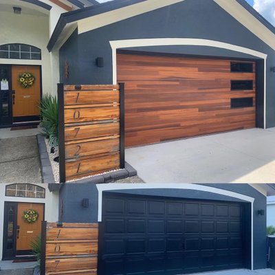 Plank Door - 16 X 7 CHI model 2347 Cedar Plank with Tinted glass and blck frame Plank Door - 16 X 7 CHI model 2347 Cedar Plank with Tinted glass and blck frame