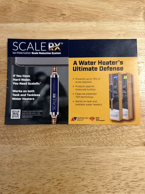 No maintenance Waterheater filter - The Scale RX Ion Polarization Scale Reduction System is a no maintenance Waterheater filter that will extend the life of your waterheater and works with water softeners as well the price will vary depending on the difficulty of the install and the manufacture warranty is 12 years on this product .This system works very well with new waterheaters and semi new please contact us for scheduling No maintenance Waterheater filter - The Scale RX Ion Polarization Scale Reduction System is a no maintenance Waterheater filter that will extend the life of your waterheater and works with water softeners as well the price will vary depending on the difficulty of the install and the manufacture warranty is 12 years on this product .This system works very well with new waterheaters and semi new please contact us for scheduling