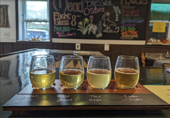 Visit Our Tasting Room! - Welcome!  Misty Mountain Meadworks is a small Virginia farm winery.  We specialize in making MEAD, which some people call Honey Wine. It has also been called “Ambrosia” and “Nectar of the Gods.”

We are now the oldest operating meadery in Virginia.  The meadery is owned and operated by the Copeland family and is located just north of Winchester, Virginia.  Our Meadmaker, Richard, is very experienced.  He began experimenting with mead making in 1983.  By 2004 his Meads had become so popular with our friends and neighbors that they persuaded us to start a commercial Meadery.  And here we are.