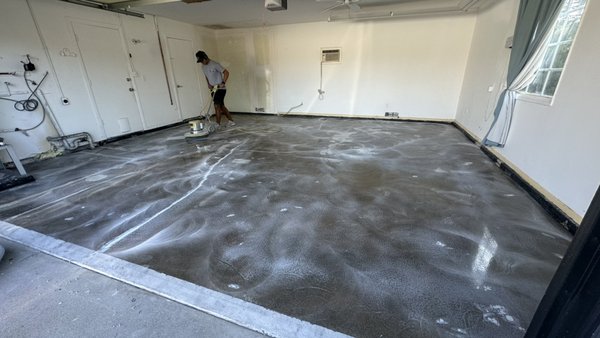 Epoxy refresh. - Removed the old epoxy. Filled the cracks. Repaired the heavy damaged floor before doing a moisture barrier and epoxy top coat. Epoxy refresh. - Removed the old epoxy. Filled the cracks. Repaired the heavy damaged floor before doing a moisture barrier and epoxy top coat.