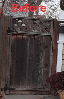 Gate Repair - This is one of the many home repairs we do. This is a gate that was old and broken. The new gate was painted a white stain. Gate Repair - This is one of the many home repairs we do. This is a gate that was old and broken. The new gate was painted a white stain.