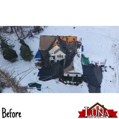 New roof installed in Beacon, New York - Removed all old shingles and installed new GAF shingles in the color Patriot Red