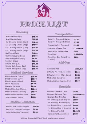 Price List - Request a quote now! Contact me via my website or phone number listed. Price List - Request a quote now! Contact me via my website or phone number listed.