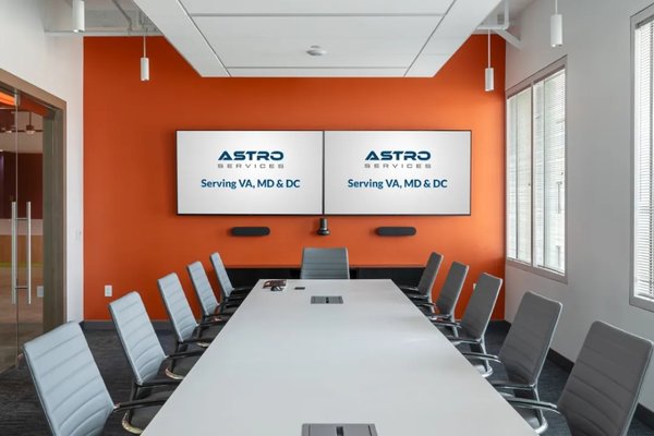Conference room installation featuring display screens, video conference cameras, audio systems and microphones. - Rely on our skilled team to install your electronic systems. Explore our latest complete conference room installation at  8484 Westpark Dr, Tysons Corner, VA 22102, featuring display screens, video conference cameras, audio systems, and microphones. Contact Astro Services, LLC  today for expert assistance!