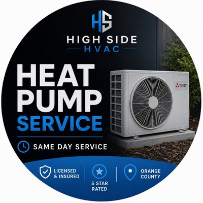Heat Pump Systems Service in Orange County - High Side HVAC & Appliance provides expert heat pump diagnosis and repair throughout Orange County. Heat pumps combine heating and cooling into one system, which means more components that can fail — and more expertise required to fix them right.
We handle the full range of heat pump repairs: compressor replacement, capacitor and contactor failures, refrigerant leak detection and repair, reversing valve issues, defrost control problems, low airflow, and thermostat/wiring faults (including common B/O terminal reversing valve wiring issues on brands like Trane). We work on all major brands — Daikin, Goodman, Lennox, Carrier, Bryant, Trane, and more — and across refrigerant types including R410A and R454B.
Our diagnostic process includes manifold gauge testing (superheat/subcooling), nitrogen leak testing, and micron-level vacuum evacuation to ensure repairs hold long-term, not just a quick fix that fails again next season. All work is performed to code, fully licensed (CA C-20 License), and insured. Heat Pump Systems Service in Orange County - High Side HVAC & Appliance provides expert heat pump diagnosis and repair throughout Orange County. Heat pumps combine heating and cooling into one system, which means more components that can fail — and more expertise required to fix them right.
We handle the full range of heat pump repairs: compressor replacement, capacitor and contactor failures, refrigerant leak detection and repair, reversing valve issues, defrost control problems, low airflow, and thermostat/wiring faults (including common B/O terminal reversing valve wiring issues on brands like Trane). We work on all major brands — Daikin, Goodman, Lennox, Carrier, Bryant, Trane, and more — and across refrigerant types including R410A and R454B.
Our diagnostic process includes manifold gauge testing (superheat/subcooling), nitrogen leak testing, and micron-level vacuum evacuation to ensure repairs hold long-term, not just a quick fix that fails again next season. All work is performed to code, fully licensed (CA C-20 License), and insured.